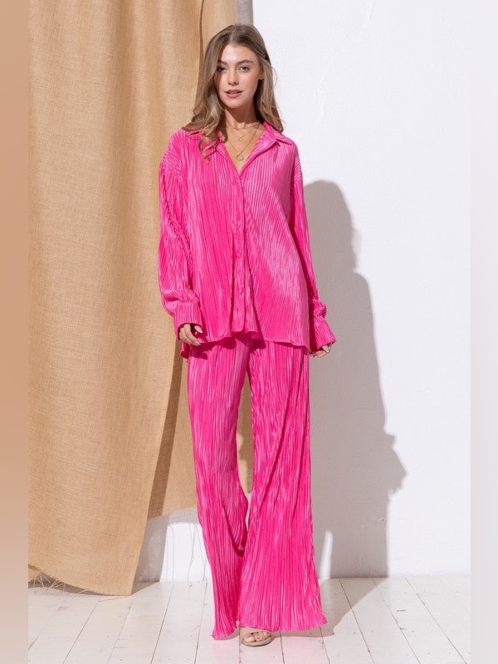 Women’s Hot Pink Pleated Lounge Set